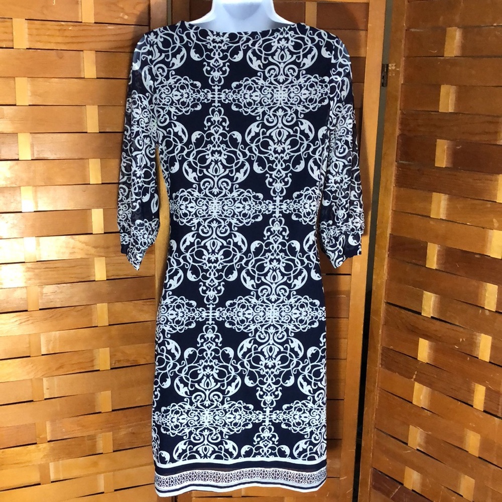 HAANI PETITE Sheer Arabesque Print Dress w/Lining - Picture 2 of 8